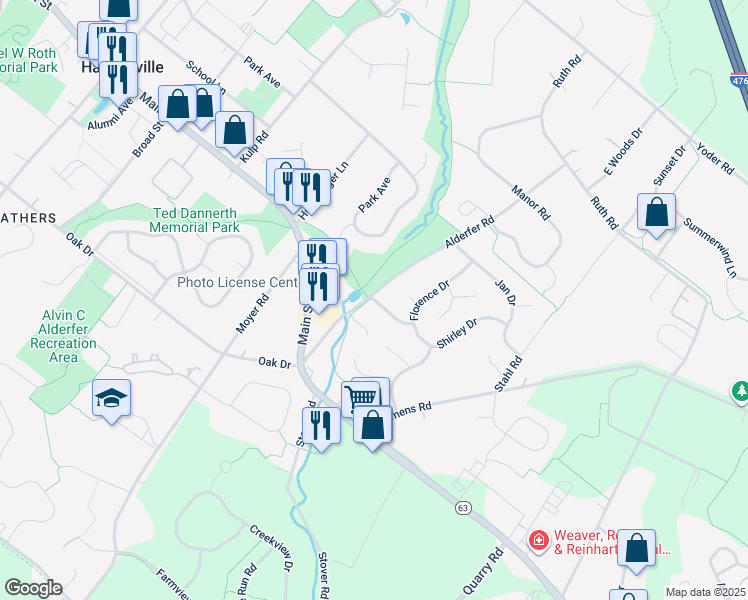 map of restaurants, bars, coffee shops, grocery stores, and more near 320 Alderfer Road in Harleysville