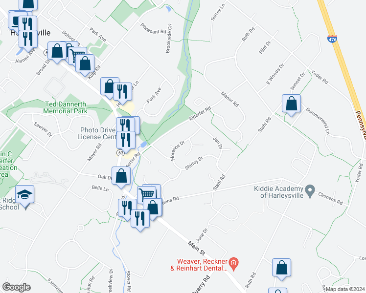 map of restaurants, bars, coffee shops, grocery stores, and more near 264 Florence Drive in Harleysville