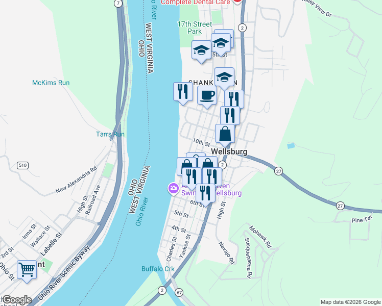 map of restaurants, bars, coffee shops, grocery stores, and more near 915 Main St in Wellsburg