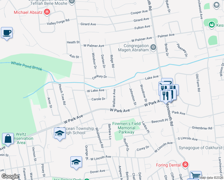 map of restaurants, bars, coffee shops, grocery stores, and more near 2 Wallace Avenue in Monmouth County