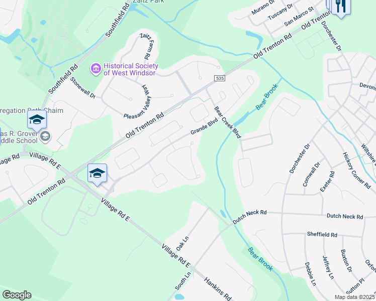 map of restaurants, bars, coffee shops, grocery stores, and more near 26 Rainflower Lane in West Windsor Township