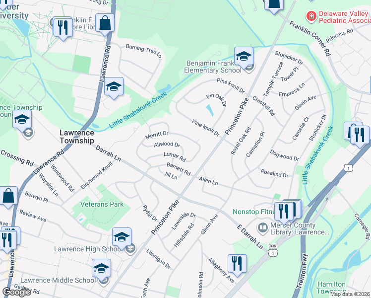 map of restaurants, bars, coffee shops, grocery stores, and more near 30 Allwood Drive in Lawrence Township