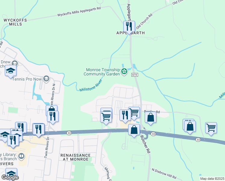 map of restaurants, bars, coffee shops, grocery stores, and more near 8 Periwinkle Drive in Monroe Township