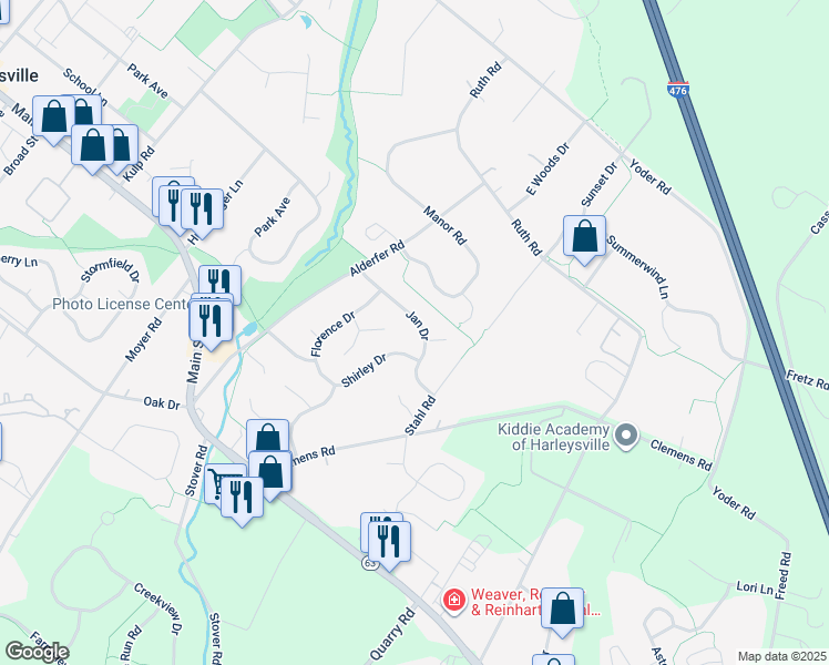 map of restaurants, bars, coffee shops, grocery stores, and more near 260 Jan Drive in Harleysville