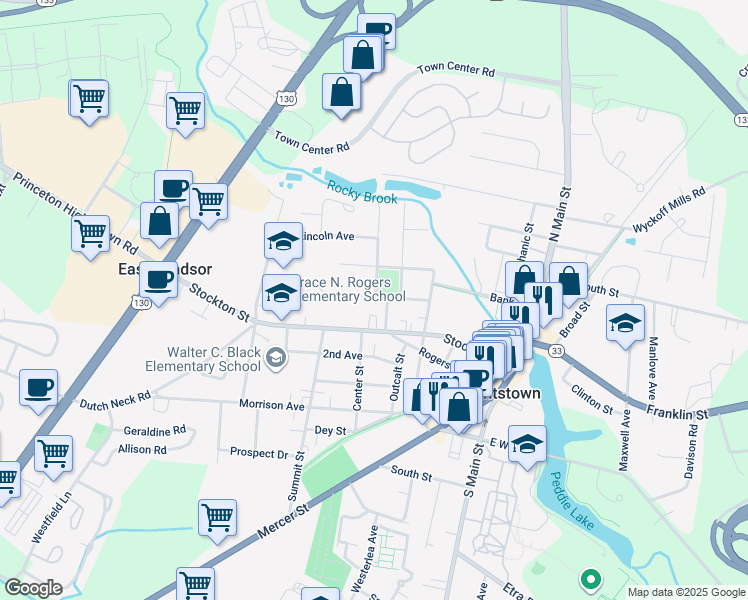 map of restaurants, bars, coffee shops, grocery stores, and more near 311 Grant Avenue in Hightstown