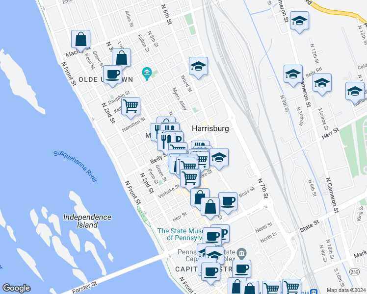 map of restaurants, bars, coffee shops, grocery stores, and more near 335 Reily Street in Harrisburg