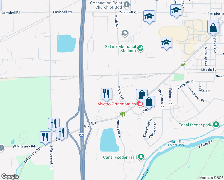 map of restaurants, bars, coffee shops, grocery stores, and more near 1810 Progress Way in Sidney