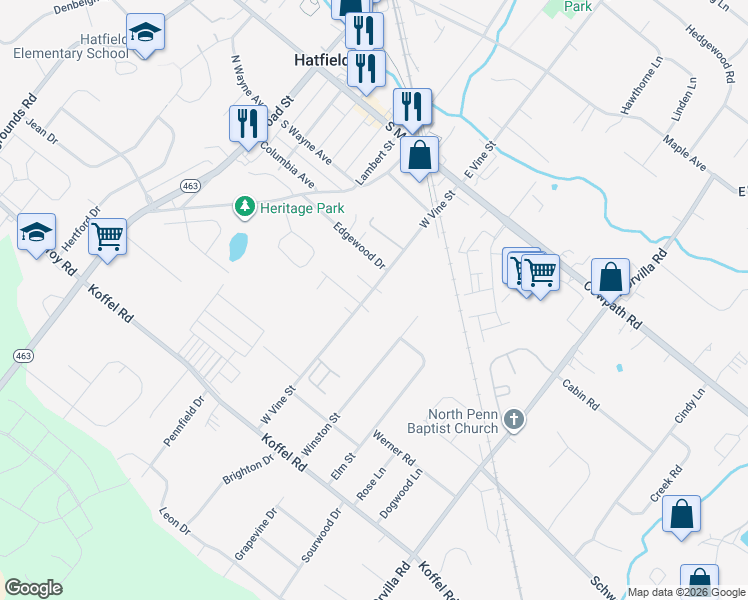 map of restaurants, bars, coffee shops, grocery stores, and more near 328 West Vine Street in Hatfield