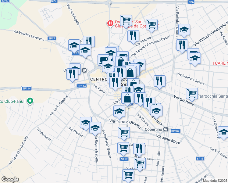 map of restaurants, bars, coffee shops, grocery stores, and more near 44 Via Gianserio Strafella in Copertino