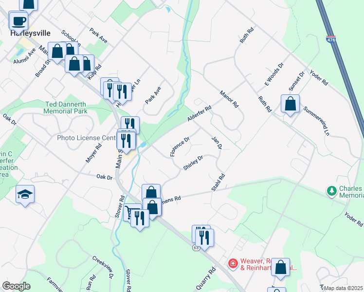 map of restaurants, bars, coffee shops, grocery stores, and more near 264 Florence Drive in Harleysville