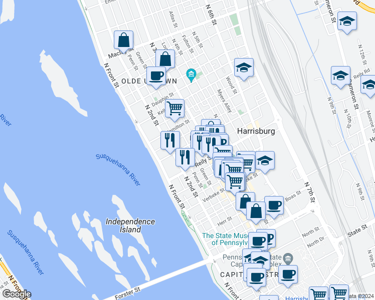 map of restaurants, bars, coffee shops, grocery stores, and more near 1528 Green Street in Harrisburg