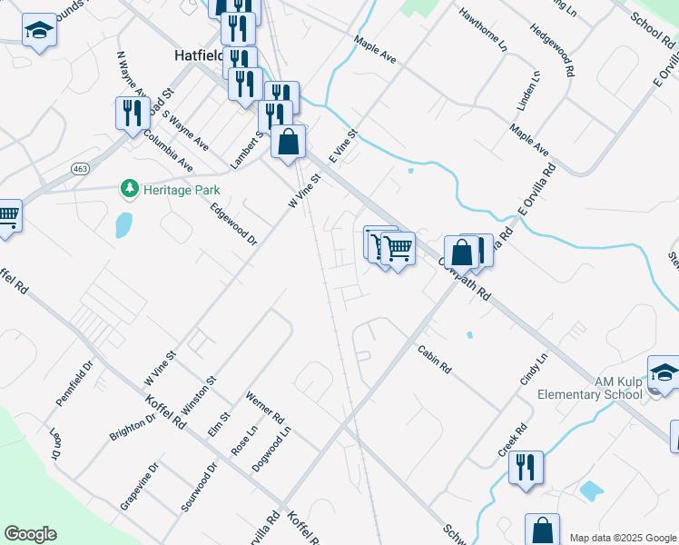 map of restaurants, bars, coffee shops, grocery stores, and more near 1561 Emily Court in Hatfield