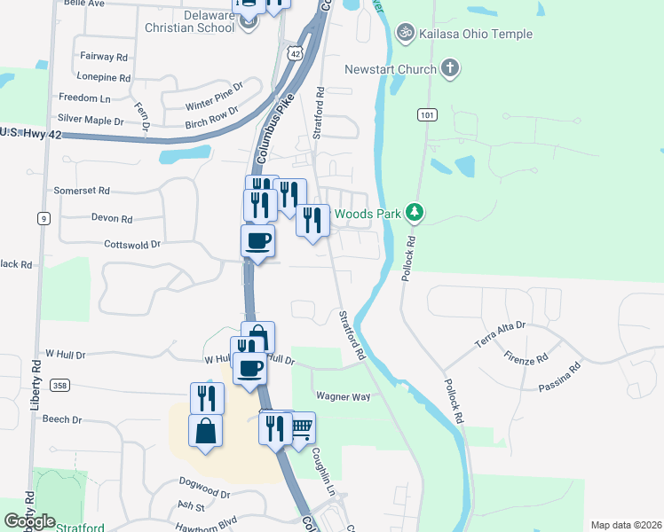 map of restaurants, bars, coffee shops, grocery stores, and more near 1478 Stratford Road in Delaware