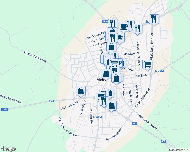 map of restaurants, bars, coffee shops, grocery stores, and more near 12 Via Luigi Cadorna in Melendugno
