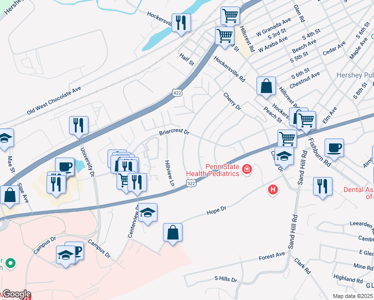 map of restaurants, bars, coffee shops, grocery stores, and more near 1038 W Areba Ave in Hershey