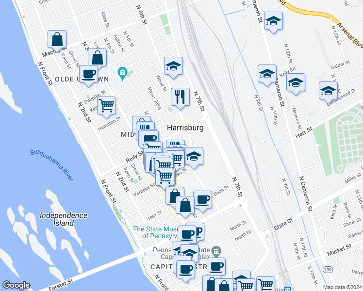 map of restaurants, bars, coffee shops, grocery stores, and more near 508 Calder Street in Harrisburg