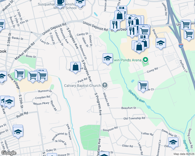 map of restaurants, bars, coffee shops, grocery stores, and more near 808 Wilhelm Rd in Harrisburg