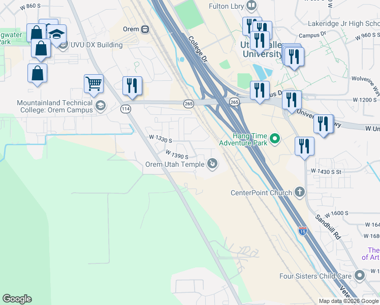 map of restaurants, bars, coffee shops, grocery stores, and more near 1373 South 1110 West Street in Orem