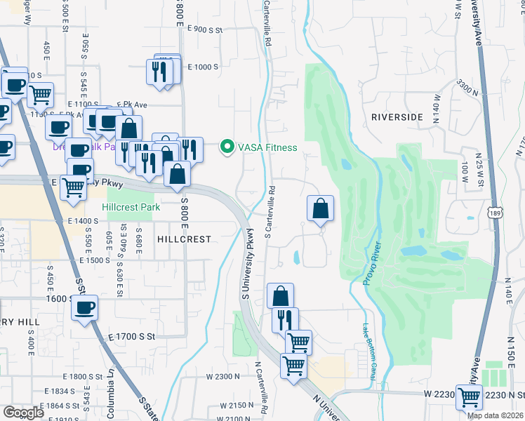 map of restaurants, bars, coffee shops, grocery stores, and more near 1406 Carterville Road in Orem