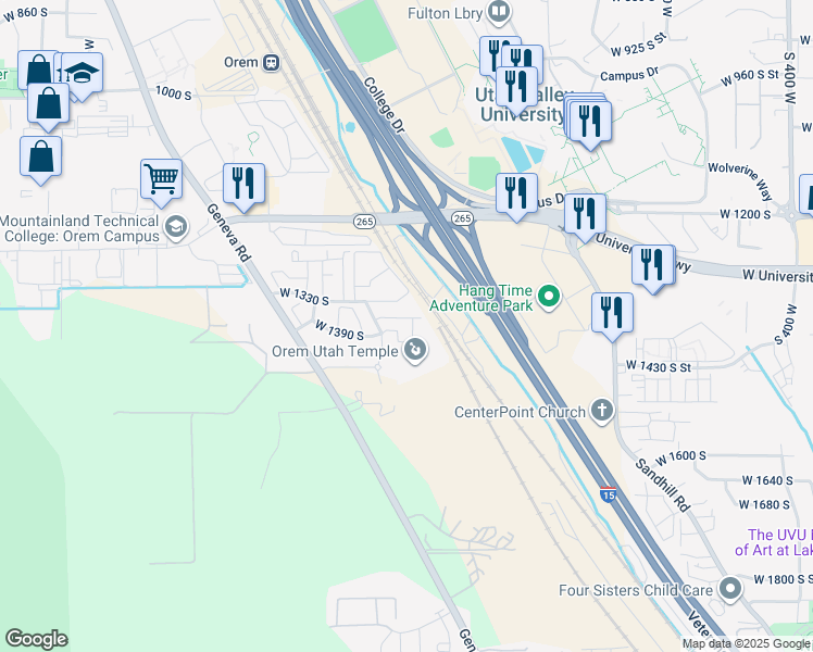 map of restaurants, bars, coffee shops, grocery stores, and more near 1023 West 1360 South in Orem