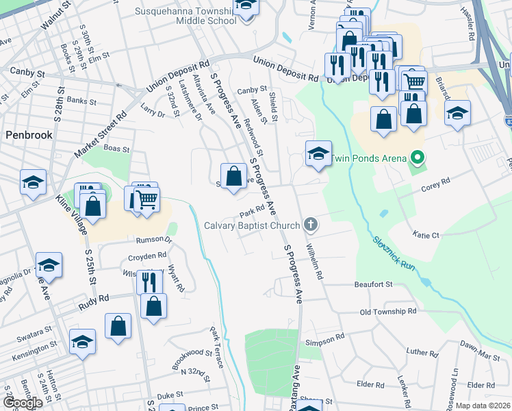 map of restaurants, bars, coffee shops, grocery stores, and more near 3156 Park Road in Harrisburg