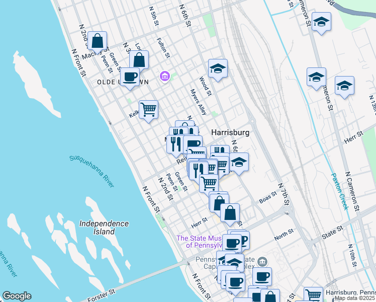 map of restaurants, bars, coffee shops, grocery stores, and more near 310 Reily Street in Harrisburg