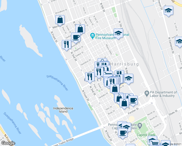 map of restaurants, bars, coffee shops, grocery stores, and more near 211 Harris Street in Harrisburg