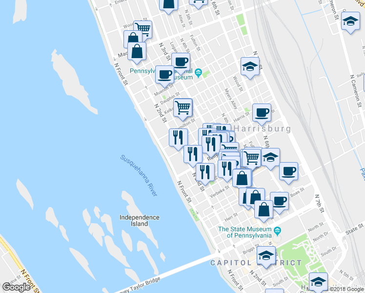 map of restaurants, bars, coffee shops, grocery stores, and more near 211 Harris Street in Harrisburg