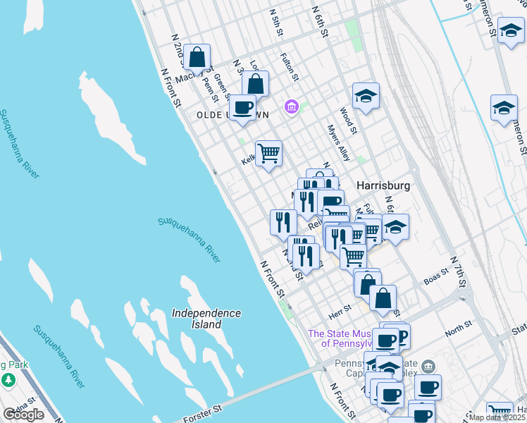 map of restaurants, bars, coffee shops, grocery stores, and more near 1612 North 2nd Street in Harrisburg