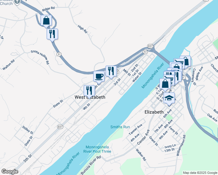 map of restaurants, bars, coffee shops, grocery stores, and more near 710 3rd Street in West Elizabeth