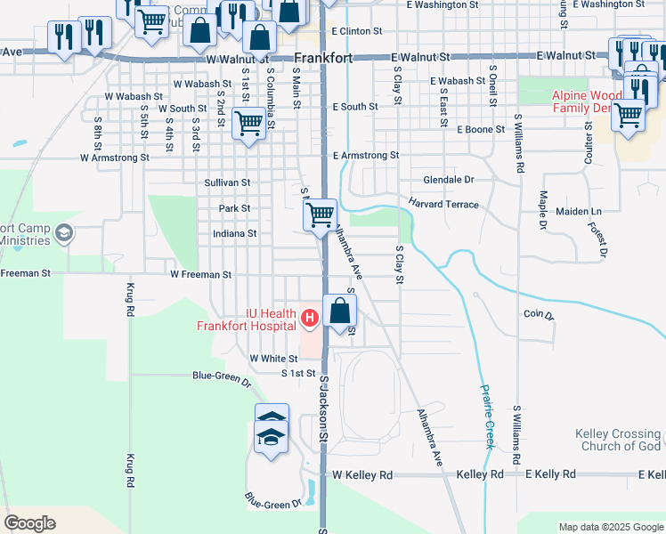 map of restaurants, bars, coffee shops, grocery stores, and more near 354 Alhambra Avenue in Frankfort