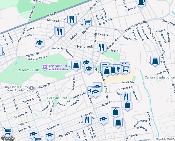 map of restaurants, bars, coffee shops, grocery stores, and more near 2451 Market Street in Harrisburg