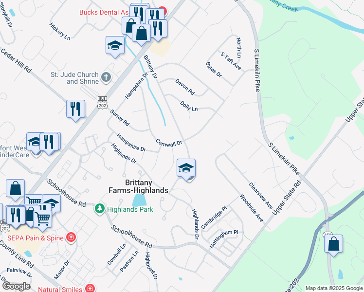 map of restaurants, bars, coffee shops, grocery stores, and more near 143 Brittany Drive in Chalfont