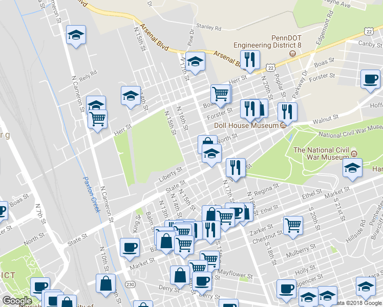 map of restaurants, bars, coffee shops, grocery stores, and more near 618 N 16th St in Harrisburg