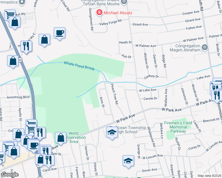 map of restaurants, bars, coffee shops, grocery stores, and more near 34 Peach Tree Road in Monmouth County