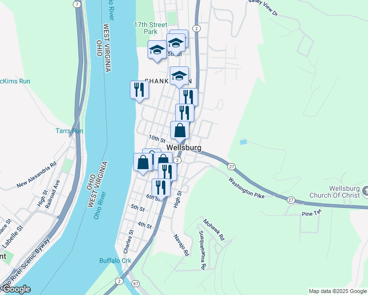 map of restaurants, bars, coffee shops, grocery stores, and more near in Wellsburg