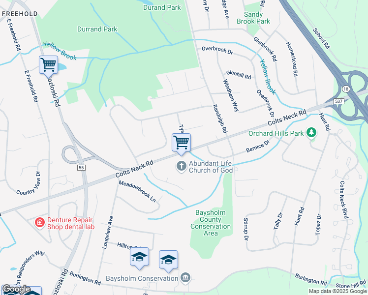 map of restaurants, bars, coffee shops, grocery stores, and more near 1 Tyson Lane in Freehold