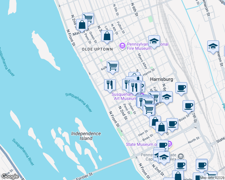 map of restaurants, bars, coffee shops, grocery stores, and more near 1605 North 2nd Street in Harrisburg