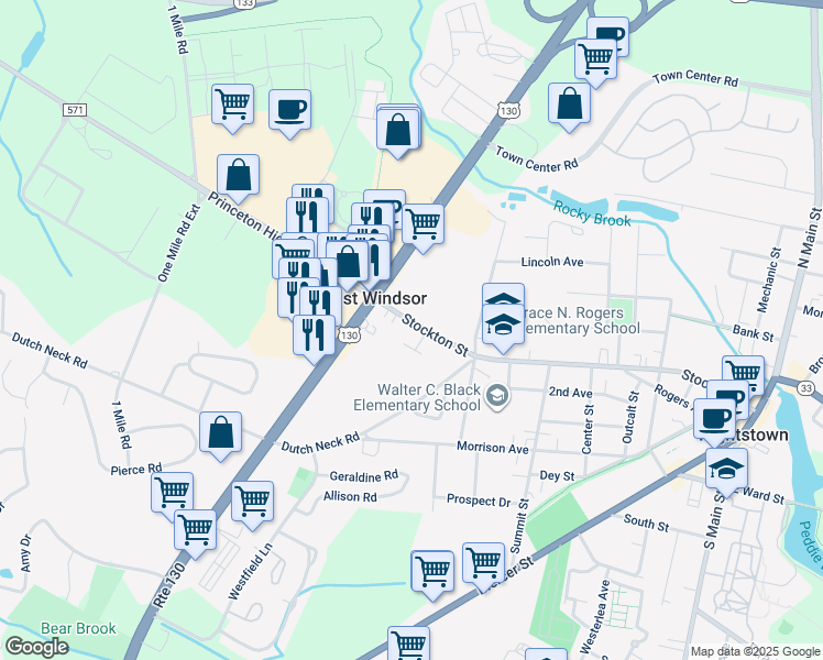 map of restaurants, bars, coffee shops, grocery stores, and more near 445 Stockton Street in East Windsor