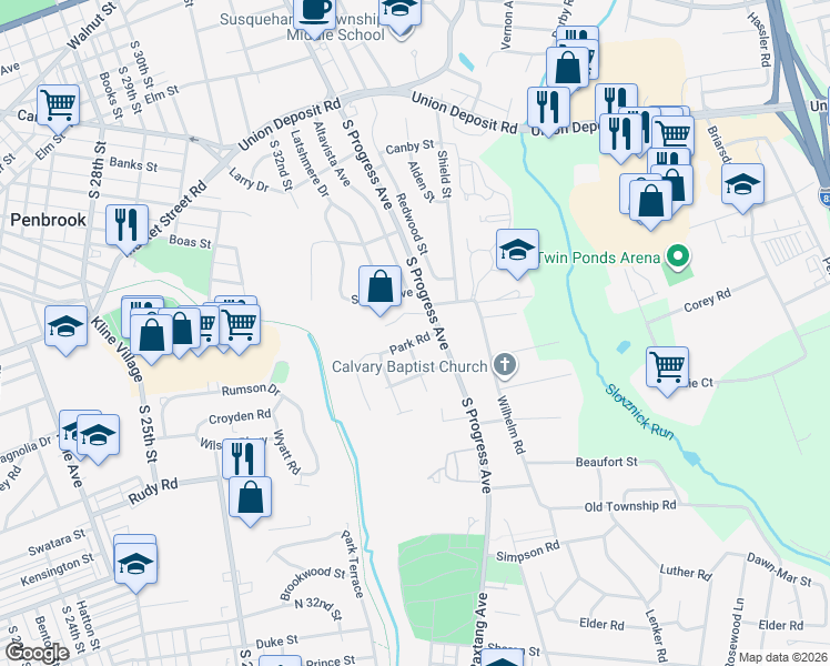 map of restaurants, bars, coffee shops, grocery stores, and more near 3156 Park Road in Harrisburg