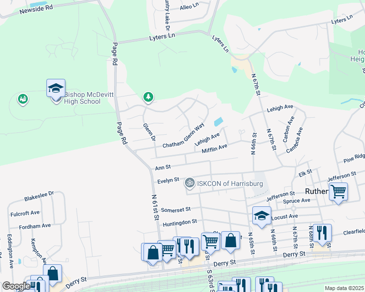 map of restaurants, bars, coffee shops, grocery stores, and more near 6195 Chatham Glenn Way in Harrisburg