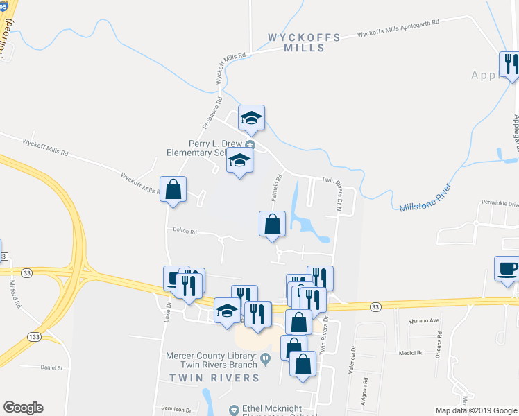 map of restaurants, bars, coffee shops, grocery stores, and more near 559 Fairfield Road in East Windsor