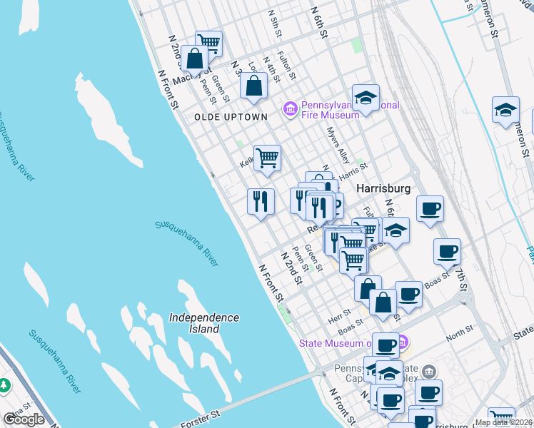 map of restaurants, bars, coffee shops, grocery stores, and more near 211 Harris Street in Harrisburg