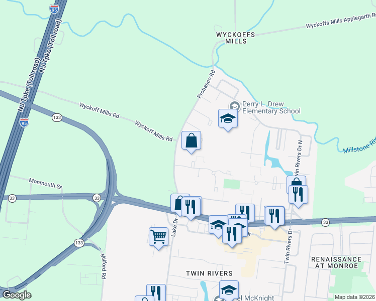 map of restaurants, bars, coffee shops, grocery stores, and more near 229 Probasco Road in East Windsor