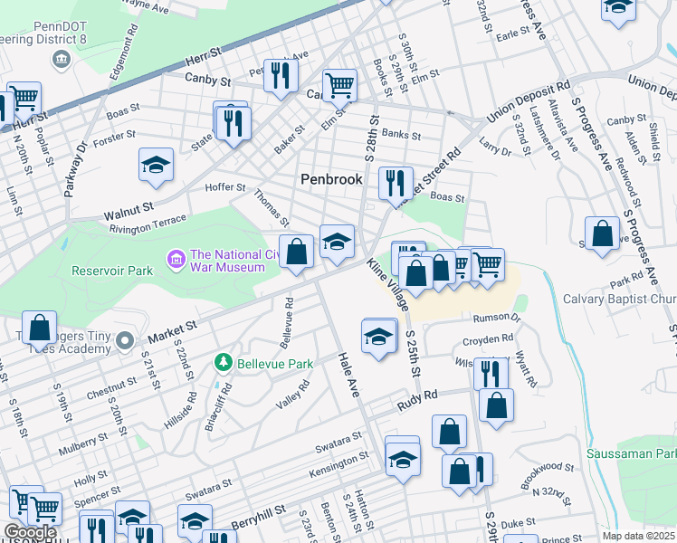 map of restaurants, bars, coffee shops, grocery stores, and more near 2451 Market Street in Harrisburg