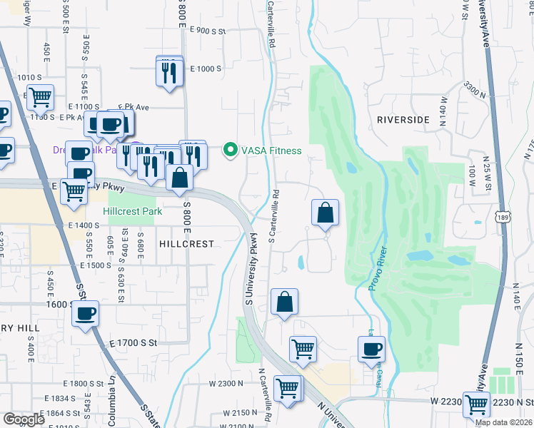 map of restaurants, bars, coffee shops, grocery stores, and more near 1406 Carterville Road in Orem