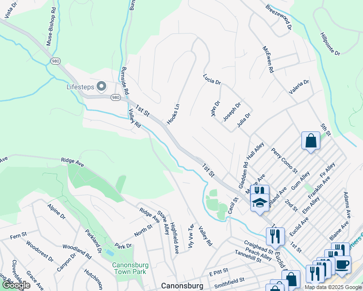 map of restaurants, bars, coffee shops, grocery stores, and more near 1148 1st Street in Canonsburg