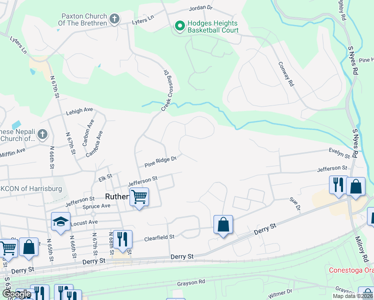 map of restaurants, bars, coffee shops, grocery stores, and more near 7055 Woodsman Drive in Harrisburg