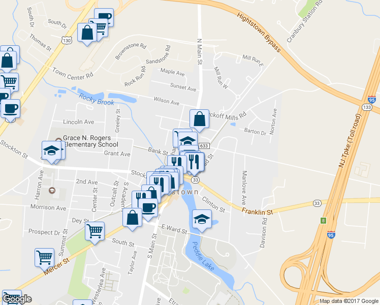 map of restaurants, bars, coffee shops, grocery stores, and more near 207 North Main Street in Hightstown