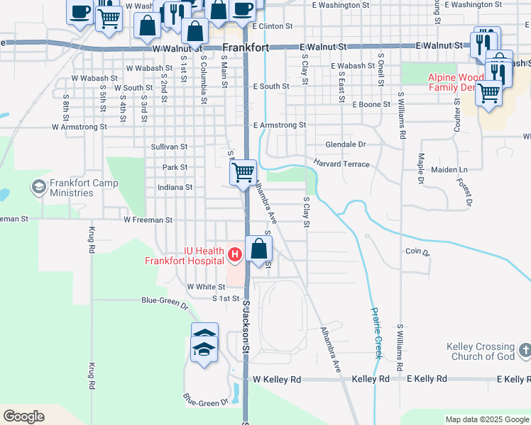 map of restaurants, bars, coffee shops, grocery stores, and more near 354 Alhambra Avenue in Frankfort
